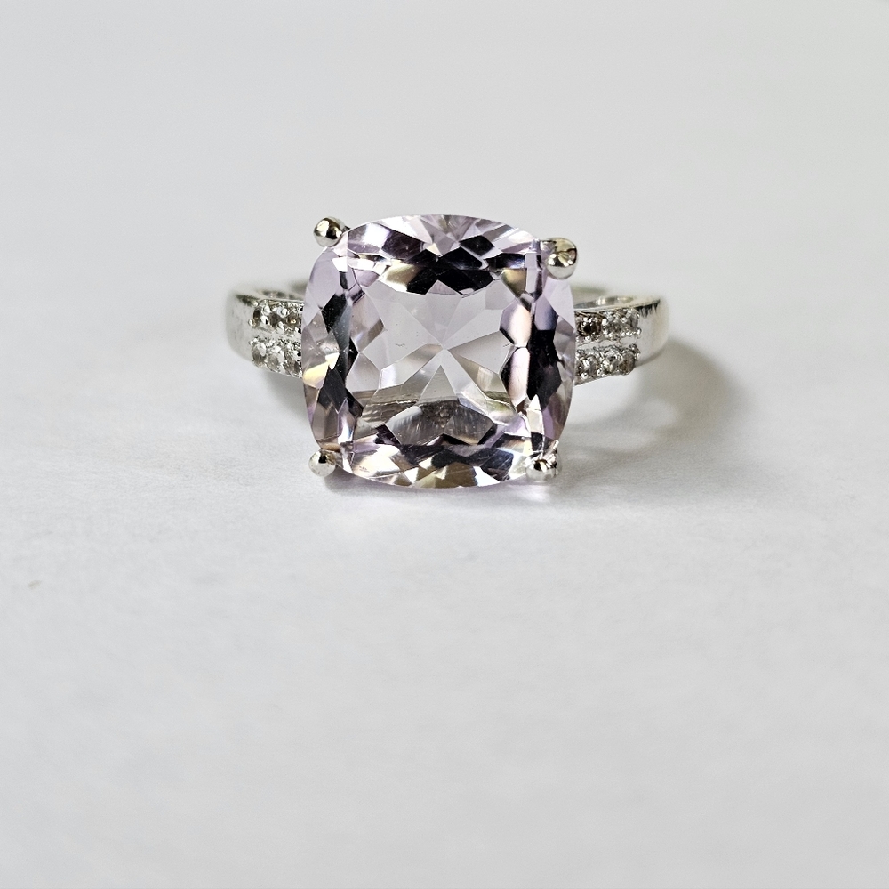 Genuine Rose De France Amethyst & White Topaz Sterling Silver Ring Size 6
